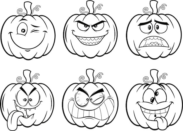 Umrissener halloween-kürbis-karikatur-emoji-gesichts-charakter-vektor-handgezeichnetes sammlungs-set