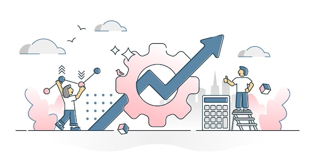 Umrisskonzept für Produktivität, Effizienz und Arbeitsfortschrittsverbesserung. Wachstumspfeil als erfolgreiche Leistungsentwicklungsvektorillustration. Effektive Produktionsorganisation und -management.