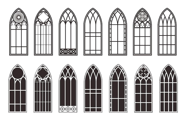 Umrisssatz für gotische fenster silhouette von kirchenrahmen aus altem buntglas