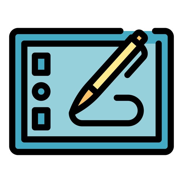 Umrissvektor für Bleistiftzeichnungssymbole, Tablet-Pad, Stylus-Zeichnung in Farbe flach