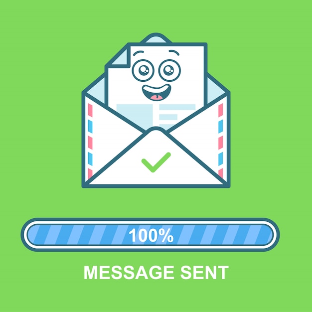 Umschlag-emoticon flaches illustrations-e-mail-charakterdesign mit fortschrittsbalken. vorgang zum versenden von e-mails. sms gesendet