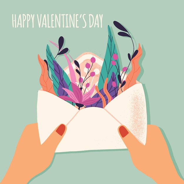 Umschlag mit liebesbrief. bunte hand gezeichnete illustration mit handbeschriftung für glücklichen valentinstag. grußkarte mit blumen und dekorativen elementen.