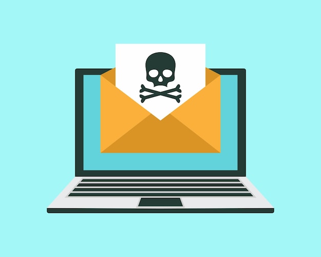 Umschlag mit totenkopf auf dem laptop-bildschirm konzept von virus-piraterie-hacking und sicherheit weißer totenkopf mit gekreuzten knochen auf schwarzem blatt