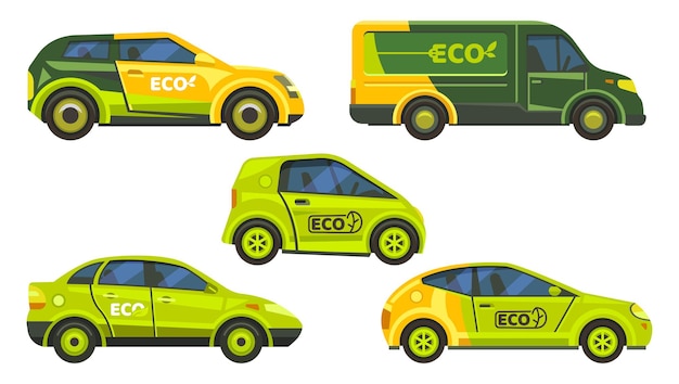 Umweltfreundliche autos oder elektrofahrzeuge. ökologische umweltfahrzeuge, grüne symbole der elektrischen energie. elektroautos mit grünem blattschild, stadtwagen und taxi, fahrzeugtechnik