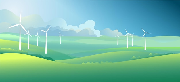 Umweltfreundliche grüne Energie Landschaft Landschaft Hintergrund mit Bergblick und Windturbine