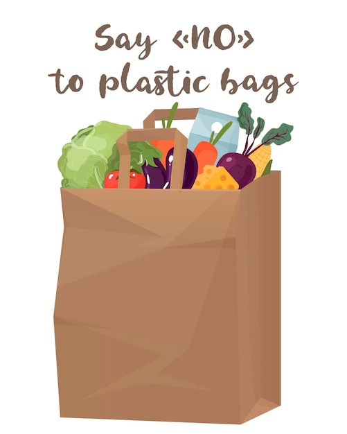 Umweltfreundliche Papiertüte eine Tasche mit Lebensmittelgemüse und Fleisch Zero Waste Konzept ohne Plastikvektorillustration isoliert auf weißem Hintergrund white