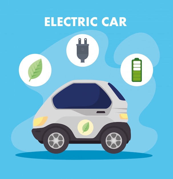 Umweltfreundliches konzept, elektroauto mit blatt, stecker, batterieladegerät vektor-illustration design