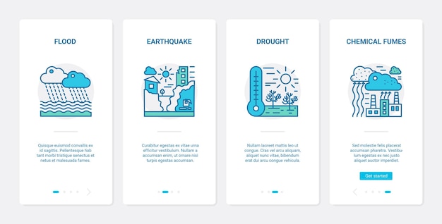 Umweltproblem, katastrophenökokatastrophe. ux, ui onboarding mobile app set naturökologie katastrophe, flut erdbeben dürre chemische dämpfe symbol
