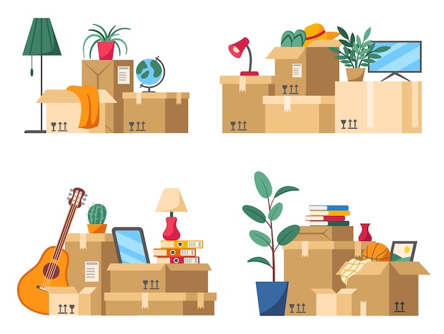 Umzugskartons stapeln Haussachen in Pappkartons verpackt mit zerbrechlichem Schild für den Wohnungsumzug, Cartoon-Vektor-Illustrationsset