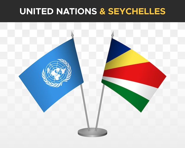 UN Vereinte Nationen vs Seychellen Tischflaggen Mockup isolierte 3D-Vektorillustration Tischflaggen