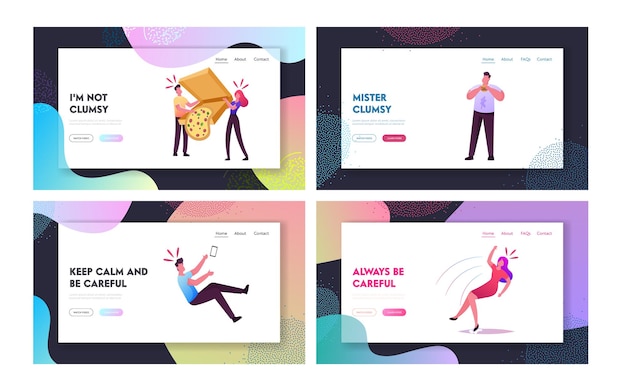 Unbeholfenheit Landing Page Vorlagensatz. Unbeholfene oder unbeholfene männliche oder weibliche Charaktere, die auf nassen Boden fallen, Klamotten mit Essen um riesige Oops-Typografie herumschlagen, unbeholfene Leute. Cartoon-Vektor-Illustration