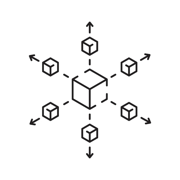 und Blockchain-Technologie-Linie-Ikonensatz Vektor-Kryptowährungs-Ikonen-Element, das Blockchain-Distribution und dezentralisierte Finanzen enthält
