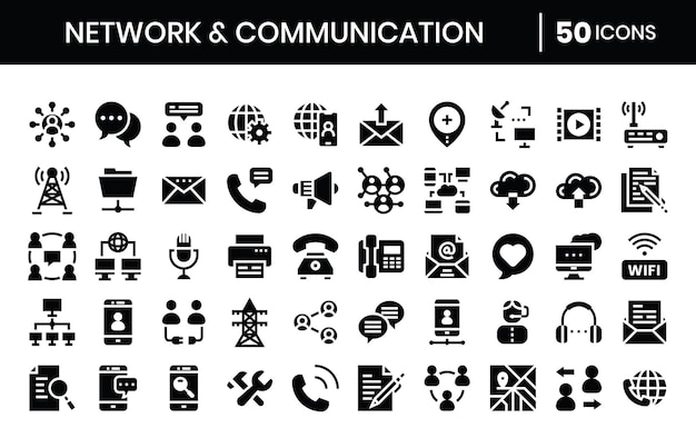 Und Kommunikation Glyph Icons Netzwerk SetVector Illustration
