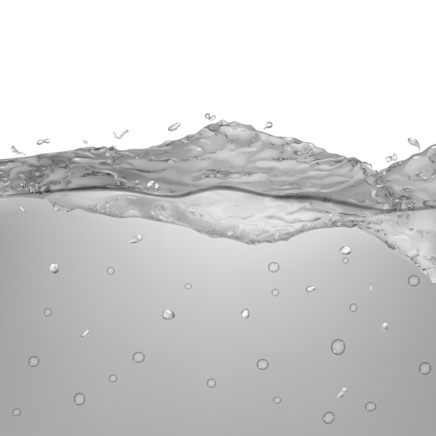 Undurchsichtige Wasserwelle mit Tropfen und Blasen in grauen Farben isoliert auf weißem Hintergrund