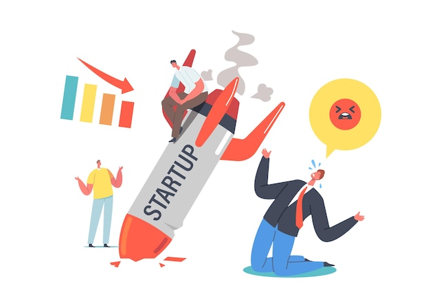 Ungeplanter Geschäftsverlust und -ausfall. Startup-Raketenabsturz-Konzept. Managementfehler und -problem, Arbeiter erste schlechte Erfahrung. Geschäftsleute schockiert über das Scheitern. Cartoon-Menschen-Vektor-Illustration