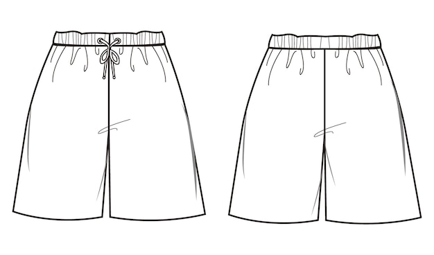 Unisex-shorts, vektorillustration, vorder- und rückansicht, flache modeskizze