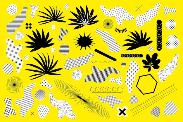 Universelles, trendiges Grafikset, das mit hellen, kräftigen geometrischen und floralen Elementen kombiniert wird. Designformen für den Verkauf von Plakaten für Zeitschriftenbroschüren