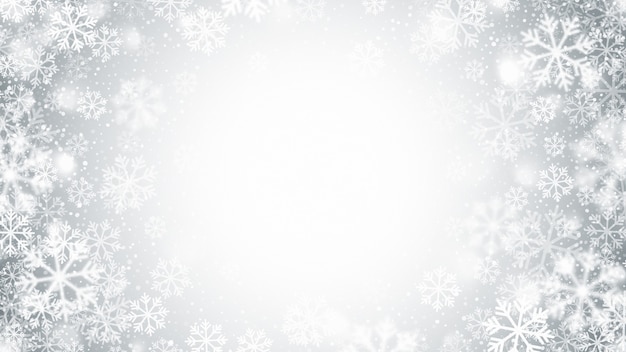 Unscharfe bewegung fliegende schneeflocken abstrakte weihnachtsdekoration auf hellem silberhintergrund