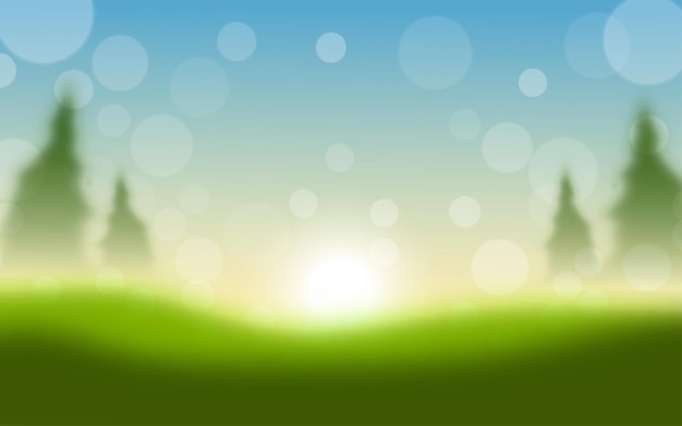 Unscharfe Landschaft des Morgensonnenaufgangs mit Gras und Bäumen
