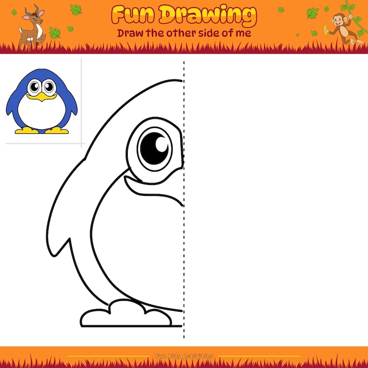 Unterhaltsames zeichenspiel „mirror drawing cartoon penguin“, lustige
