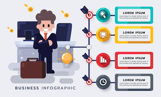 Unternehmensführung, Geschäftsmann mit der Arbeit. Strategie oder neues infographic Element des Projektplans. Flach Illustration