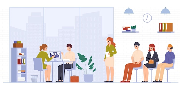 Unternehmensjobinterviews Rekrutierung und Warteschlange junger Angestellte Modernes Bürogeschäft HR-Manager spricht mit einem Kerl Professionelle gemütliche Vektorszene