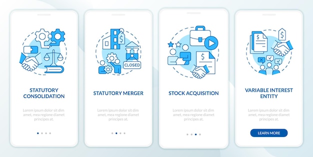 Unternehmenskonsolidierungsstrategien blauer Onboarding-Bildschirm für mobile Apps