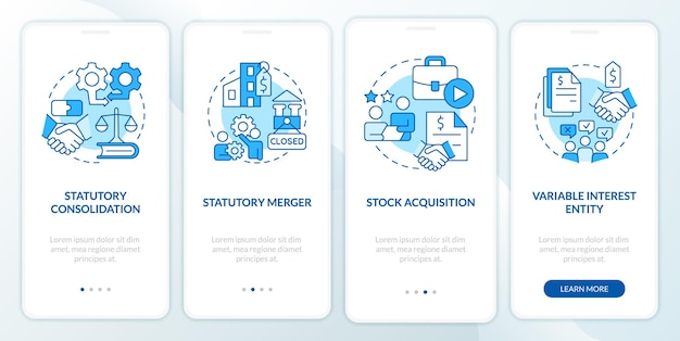 Unternehmenskonsolidierungsstrategien blauer onboarding-bildschirm für mobile apps