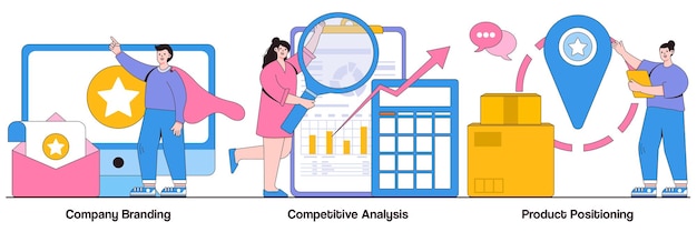 Unternehmensmarken-wettbewerbsanalyse-produktpositionierungskonzept mit personenzeichen markenaufbauagentur vektor-illustrationspaket produktveröffentlichungs-werbekampagnen-strategie-metapher