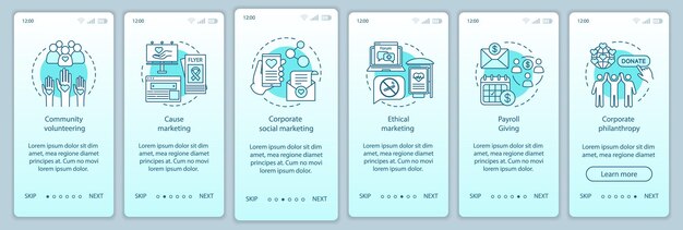 Unternehmensrichtlinie für das Onboarding der mobilen App-Seitenbildschirm-Vektorvorlage. CSR-Walkthrough-Website-Schritte. Freiwilligenarbeit, Cause Marketing, Gehaltsabrechnung, Philanthropie. UX, UI, GUI-Smartphone-Schnittstellenkonzept