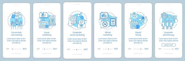 Unternehmensrichtlinien-Onboarding-Seitenbildschirmvektorvorlage für mobile Apps. CSR-Walkthrough-Website-Schritte mit linearen Illustrationen. Unternehmenswohl und Umwelt. UX, UI, GUI Smartphone-Schnittstellenkonzept