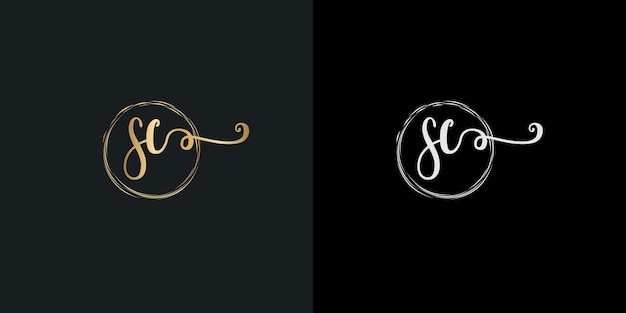 Unterschrift initial s und c isolierte kreislinie auf schwarzem hintergrund handschrift unterschrift logo