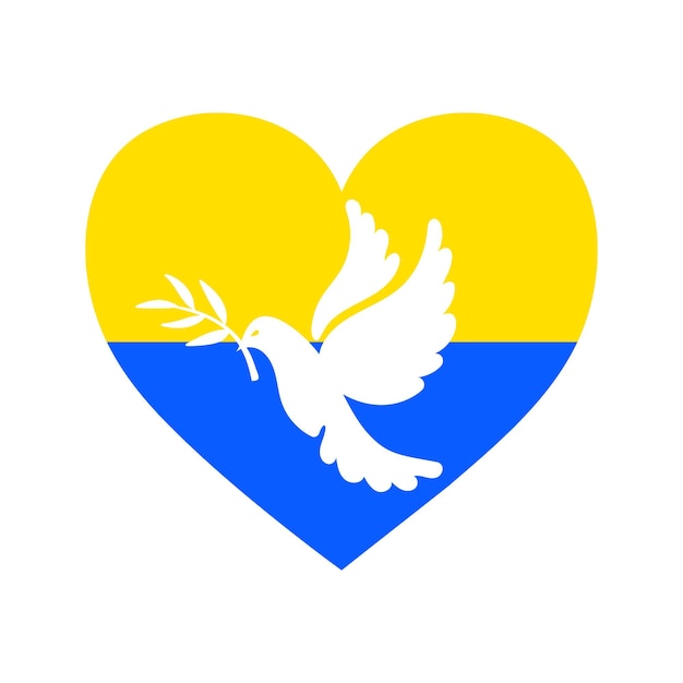 Unterstützen sie die ukraine herzform in den blauen gelben farben der ukrainischen flagge mit weißer taubentaube des friedens
