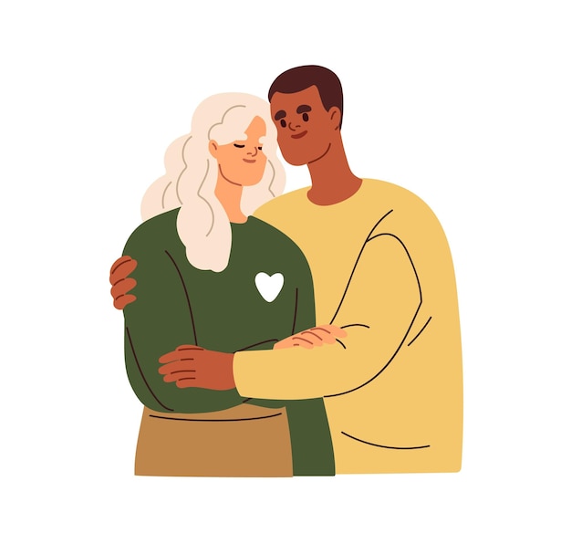 Unterstützung und Fürsorge im Liebespaar Unterstützende romantische Beziehungen Zärtlichkeit Vertrauen Konzept Glücklicher Mann und Frau umarmen sich zusammen Flach-Vektor-Illustration isoliert auf weißem Hintergrund