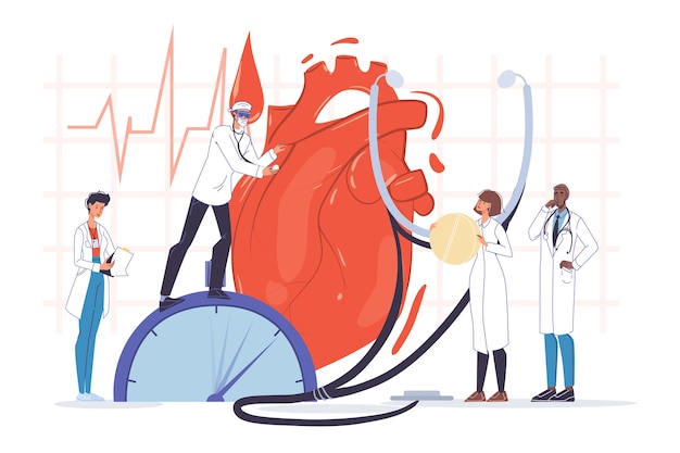 Vektor untersuchung des menschlichen herzens. doktor kardiologe team in uniform, stethoskop. kardiogramm-ekg-testleitung. herzschlagcheck. herzgesundheit. kardiologie, medizin, gesundheitswesen. coronavirus-komplikationen