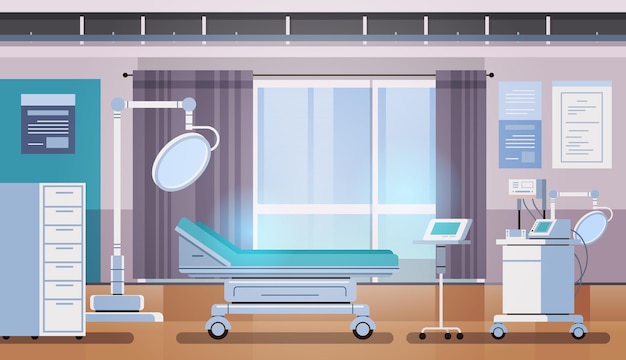 Untersuchungskonzept für schwangere Frauen, medizinische Ultraschall-Untersuchungsausrüstung mit Bett und Regalen, Gynäkologe-Arzt-Büro-Interieur, horizontale Vektorillustration