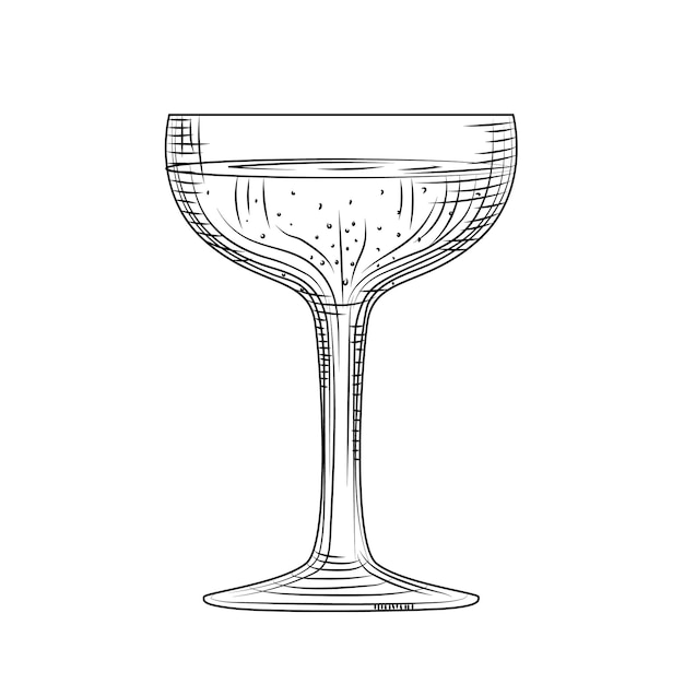 Untertasse glas. handgezeichnete champagnerglas-skizze. volles sektglas. gravur-stil. vektorillustration lokalisiert auf weißem hintergrund.