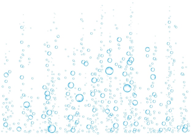 Unterwasser sprudelnde Luft-, Wasser- oder Sauerstoffblasen auf weißem Hintergrund. Brausegetränk. Sprudelndes Funkeln im Meer, Aquarium. Limonade. Unterwasser-Vektor-Textur.
