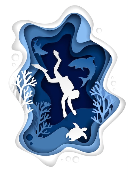 Unterwasser-tauchvektor-papierschnitt-illustration