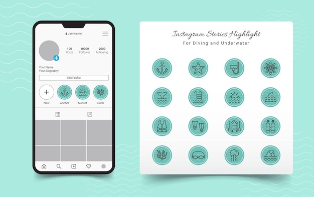 Vektor unterwasserdesign für instagram story highlight covers