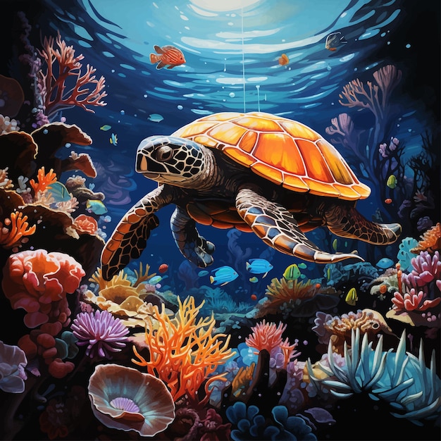 Vektor unterwasserleben leuchtend farbige unterwasser-szene mit schildkröten und korallen und fischen