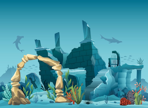 Unterwasserruinen der alten stadt und des sandsteinbogens. schattenbild des blauen meereshintergrundes. natürliche unterwasserlandschaft, meerestiere. korallenriff mit fischen und überfluteter teil der altstadt