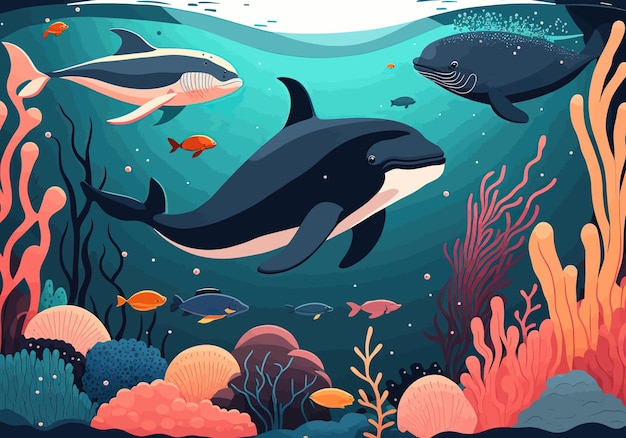 Unterwasserszene mit Killerwal und Korallenriff Vektorillustration