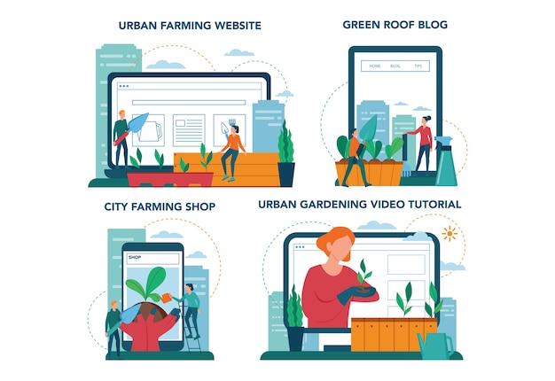 Urban farming oder gardening online-service oder plattform auf verschiedenen gerätekonzept-set. stadtlandwirtschaft. menschen pflanzen und gießen den spross auf dem dach oder balkon.