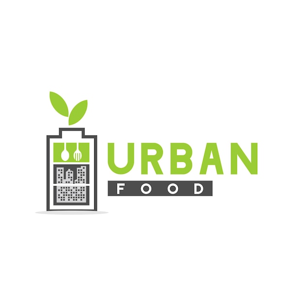 Urban food logo mit batterie- und bestecksymbol