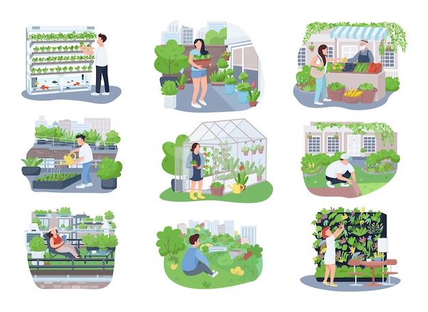 Urban gardening 2d web banner, poster gesetzt. gärtner, gärtner flache zeichen auf karikaturhintergrund. landwirtschaft, pflanzenanbau druckbare patches, bunte webelemente.