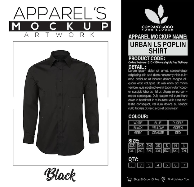 URBAN LS POPLIN SHIRT schwarze Kleidung Mockup Kunstwerk