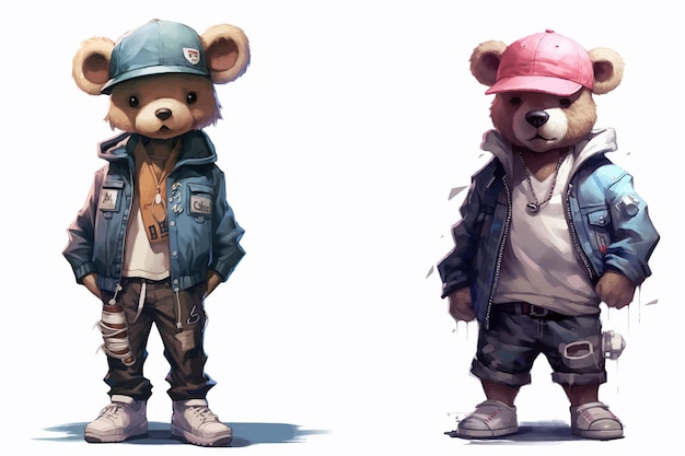 Urban Style Bears Detaillierte Vektorillustration von zwei Cartoon-Bären in moderner Streetwear Perfekt für Kinderbücher und Kleidung