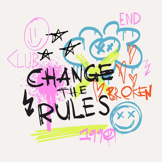 Vektor urbaner typografie-slogan „change the rules“ mit sprüheffekt. street-art-graffiti-druck in neonfarben