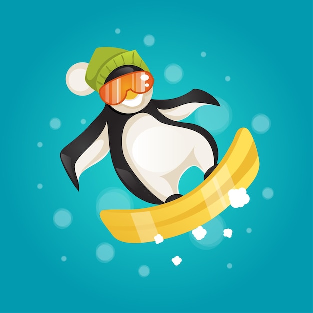 Urkomisches pinguin-snowboarden. weihnachtsvektorillustration